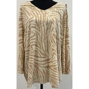 Chico’s Cream and Tan Zebra Print Blouse Gold Decorative Hem 3/4 Sleeves 4 (XXL)